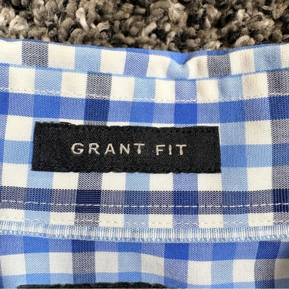 Banana Republic Grant Fit Blue Plaid Button Down SzL Non Iron Cotton Stretch